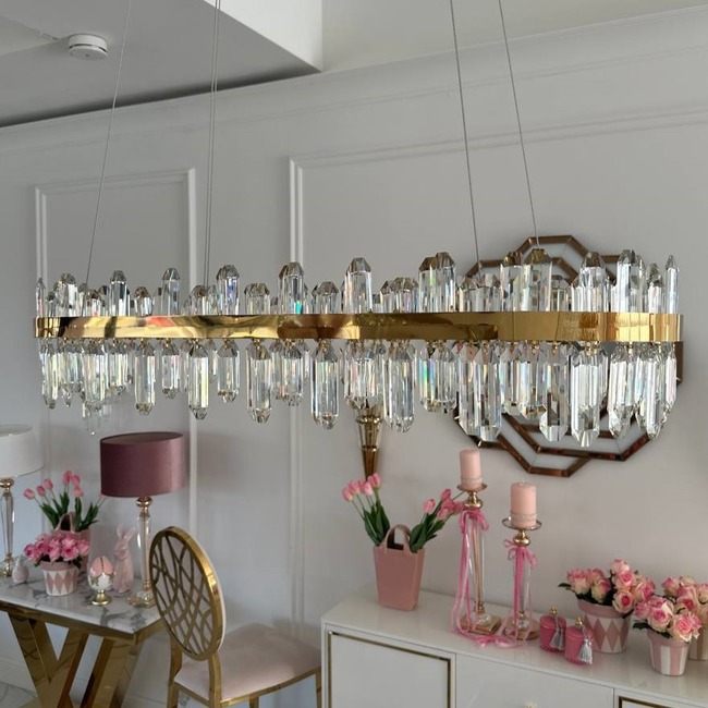 Żyrandol kryształowy złoty podłużny, ekskluzywna lampa wisząca nad stół BULGARI L 100cm