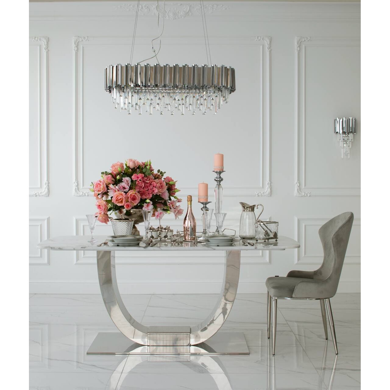 Luksusowy Stół Art Deco – Srebrny ze Szklanym/Marmurowym Blatem