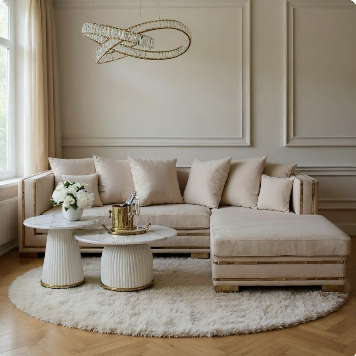 Luksusowy narożnik z funkcją spania na złotych nogach beżowy MONACO