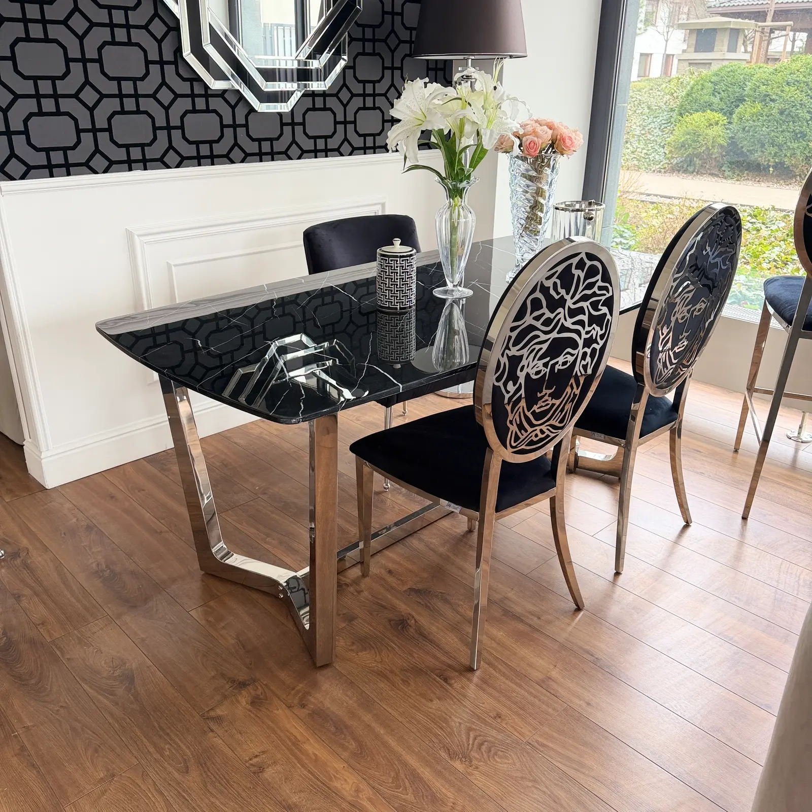 Stół srebrny z marmurowym czarnym blatem, do jadalni, glamour, ekskluzywny KENT