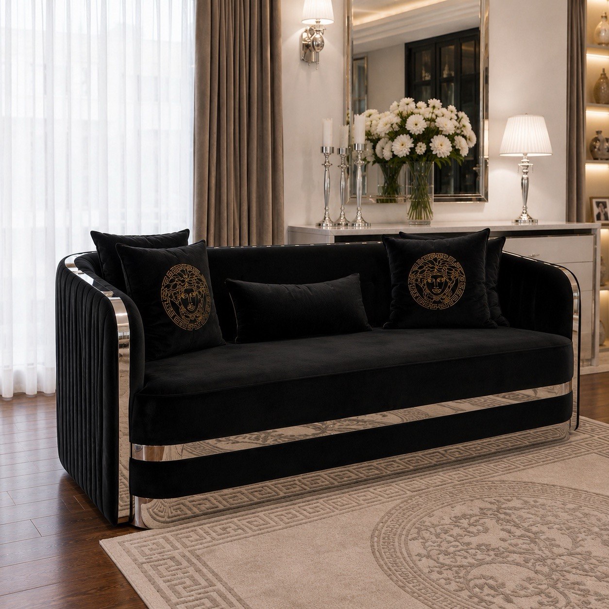 Sofa glamour czarna srebrna nowoczesna 3 osobowa MADONNA OUTLET