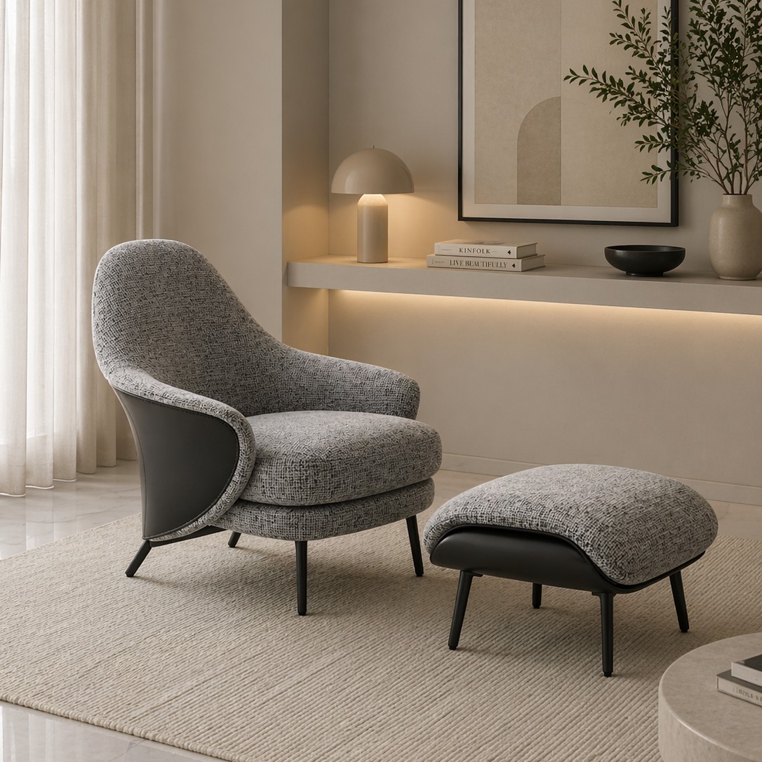 Fotel designerski tapicerowany z podnóżkiem nowoczesny komplet relaksacyjny LINEA