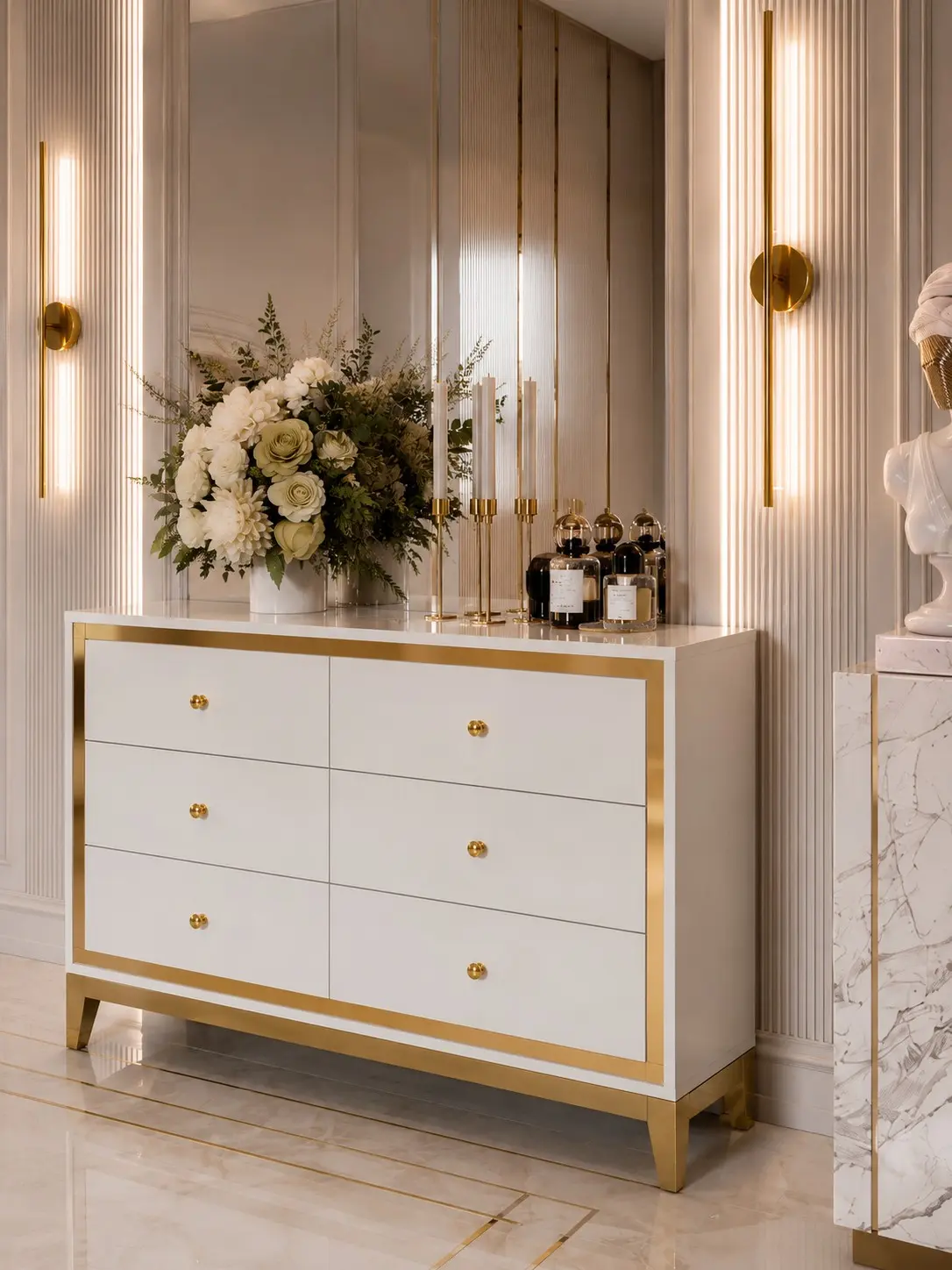 Komoda glamour lakierowana drewniana na stalowych kolorach białego złota LOLENZO M Gold