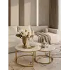 Stolik kawowy okrągły glamour, złoty, biały marmur MARCO GOLD w otoczeniu żywych roślin. Ekspozycja w salonie z akcentem na świeżość od Primavera Home.
