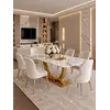 Detal wykończenia eleganckiego stołu z nowoczesnym blatem, który nawiązuje do stylu ART DECO. Ekspozycja w salonie od Primavera Home.