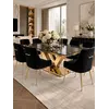 Zestaw stół złoty z czarnym marmurowym blatem glamour LV Collection 240 cm + 10 krzeseł czarnych złotych tapicerowanych PALOMA ukazujący cały zestaw w nowoczesnej aranżacji. Detal wykończenia od Primavera Home.