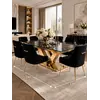 Zestaw stół złoty z czarnym marmurowym blatem glamour LV Collection 240 cm + 10 krzeseł czarnych złotych tapicerowanych PALOMA w ekspozycji w showroomie. Unikalna aranżacja nowoczesnego wnętrza od Primavera Home.