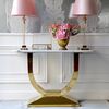 Glamor console in a modern style, with a white marble top, ART DECO gold