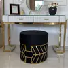 Pufa okrągła do sypialni, toaletki, tapicerowana glamour czarna złota DIAMOND