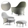 Modern, upholstered designer armchair on black legs with a LINEA footstool