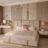 Upholstered glamor bed, modern, with a gold slat, beige 180x200cm EMPORIO