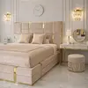 Upholstered glamor bed, modern, with a gold slat, beige 180x200cm EMPORIO