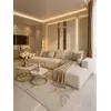 Stolik kawowy okrągły glamour, złoty, biały marmur MARCO GOLD z detalem blatu z konglomeratu. Detal wykończenia od Primavera Home.