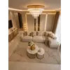 Stolik kawowy okrągły glamour, złoty, biały marmur MARCO GOLD w kontekście pomieszczenia. Aranżacja nowoczesnego wnętrza od Primavera Home.