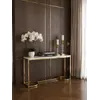 Konsola glamour, nowoczesna, złota biała marmur LOLA w ekspozycji w showroomie. Meble na zamówienie z Primavera Home.