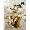 Prosty design ekskluzywnego stołu glamour do jadalni, nowoczesnego, z białym konglomeratem, złoty LV COLLECTION w eleganckim otoczeniu.
