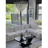 Kryształowy żyrandol okrągły, nowoczesny lampa wisząca, srebrny GLAMOUR M w aranżacji pokoju. Detal wykończenia od Primavera Home.