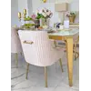 Widok całego zestawu z designerskim stołem do jadalni, glamour, ze szklanym blatem, stalowym, złotym ELITE. Ekspozycja w salonie od Primavera Home.