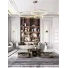 Lampa glamour led okrągła z połyskiem ring regulowana obok mebli na zamówienie. Aranżacja nowoczesnego wnętrza od Primavera Home.