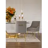 Zbliżenie na materiał plamoodporny i stalową, złotą podstawę designerskiego krzesła od Primavera Home.