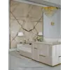 Aranżacja salonu z nowoczesnym narożnikiem beżowym welwetowym EMPORIO. Ekspozycja w salonie od Primavera Home.