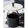 Stolik kawowy nowoczesny okrągły z ekosóry Tavolino w ujęciu z przodu. Ekspozycja w salonie od Primavera Home.