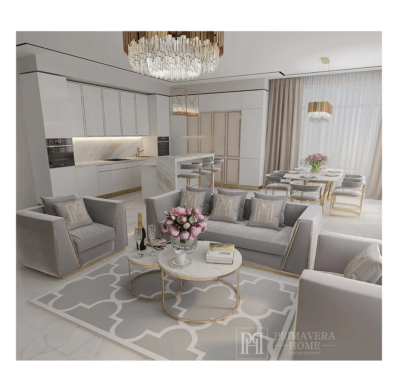 Luksusowy apartament w kolorach szarości z dodatkiem złota: otwarta przestrzeń salonu z elegancką sofą i jadalni z geometrycznym stołem, dominujące złote akcenty, szaro biały dywan, kryształowe żyrandole, wizualizacja wnętrza Primavera Home