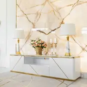 Komoda RTV glamour wysoki połysk nowoczesna biała złota, pod telewizor AVENUE