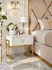 Szafka nocna glamour nowoczesna, beżowa, złota, stolik boczny z szufladą AMORE widoczna z boku, idealnie komponująca się w aranżacji nowoczesnego wnętrza od Primavera Home.