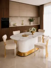Diagonala pokazująca stół glamour z eleganckim oświetleniem. Detal wykończenia od Primavera Home.