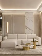 Ekskluzywny narożnik, nowoczesny, designerski, sofa narożna MODERNO w ujęciu z przodu. Oświetlenie na zamówienie od Primavera Home.
