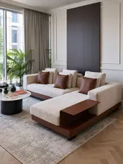 Sofa narożna z półką, nowoczesny narożnik, do salonu NAPOLEONE eksponowana w showroomie Primavera Home.