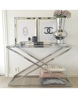Glamor console, stainless steel, silver glass, to the CRISS CROSS XL hallway