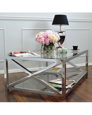 Coffee table stainless steel glass silver CRISS CROSS XXL