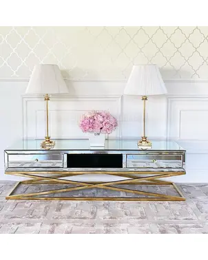 Komoda RTV glamour szafka na metalowych nogach lustrzana ekskluzywna złota CHICAGO OUTLET