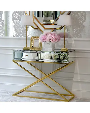 Konsola lustrzana CHICAGO GOLD na metalowych nogach glamour nowojorska nowoczesna złota