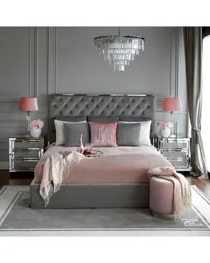 Łóżko glamour tapicerowane pikowane nowoczesne styl nowojorski szare SPECTRE SILVER