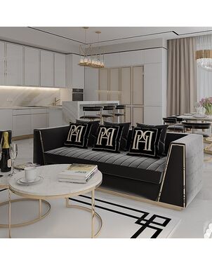 Black velvet quilted sofa, modern in a glamor style, for a golden living room MONTE CARLO
