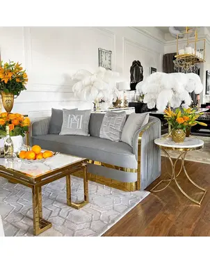 Sofa glamour luksusowa 3 osobowa do salonu, gabinetu, sypialni, nowoczesna, nowojorska, plisowana, szara, złota MADONNA