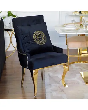 Decorative black velvet pillow with gold logo Medusa