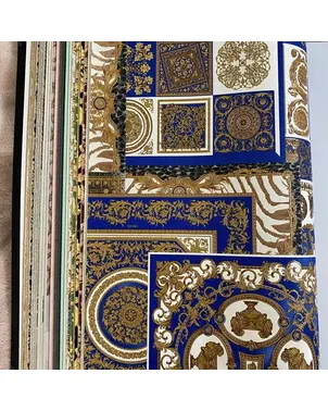 Luxurious Versace Découpage wallpaper with blue and gold squares