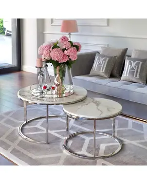 Stolik kawowy glamour MARCO SILVER nowoczesny, biały marmur, srebrny OUTLET