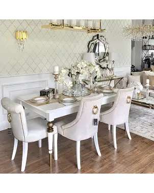 Stół rozkladany drewniany glamour do jadalni, wysoki połysk, biały złoty QUEEN OUTLET