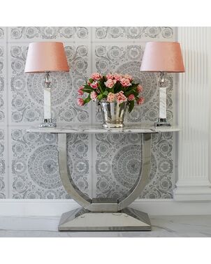 Glamor console in a modern style with a white marble top, silver ART DECO
