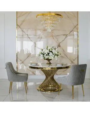 Krzesło glamour, designerskie, tapicerowane,  z kołatką, nowoczesne,  do jadalni, do toaletki, szare, złote PALOMA