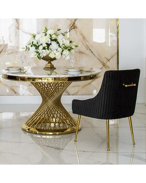 Designerski stół ANTONIO 130 cm stal okrągła do jadalni z blatem z białego, czarnego marmuru, nowoczesny glamour złoty