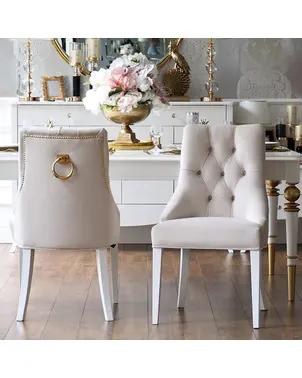 Krzesło glamour klasyczne do jadalni, pikowane, z kołatką, nowojorskie, drewniane, biały stelaż, nowoczesne, złote PRINCE II