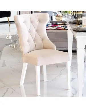 Krzesło glamour klasyczne, tapicerowane, do jadalni, hamptons, nowoczesne, drewniane, wygodne, białe, czarne nogi GRETA