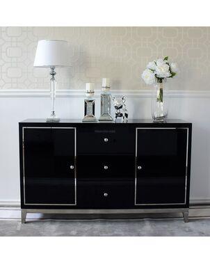 A glamor lacquered wooden chest of drawers with steel legs, black modern Lorenzo L Silver OUTLET