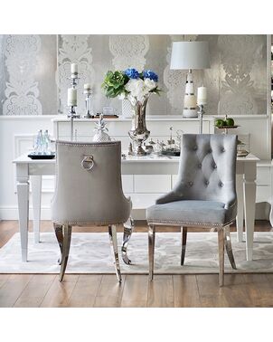 Silver gray upholstered chair on steel straight legs MADAME